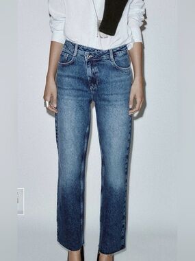 Zara Straight-Leg Cross Over Waist Jeans in Washed Black